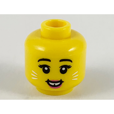 yellow minifigure head female black eyebrows eyelashes white whiskers dark pink lips open mouth smile with gap in teeth pattern