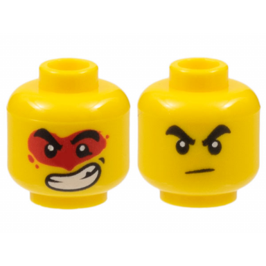 yellow minifigure head dual sided black thick eyebrows frown large lopsided open mouth grin with teeth red paint splotch around eyes pattern