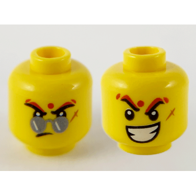 yellow minifigure head dual sided sunglasses dot scar lopsided frown raised eyebrows wide open mouth grin with white teeth pattern