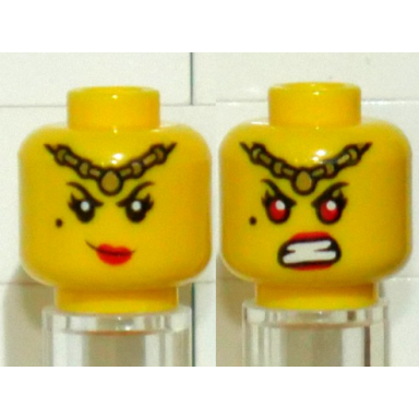 yellow minifigure head dual sided female gold headband beauty mark and red lips angry red eyes and open mouth grimace with white teeth pattern