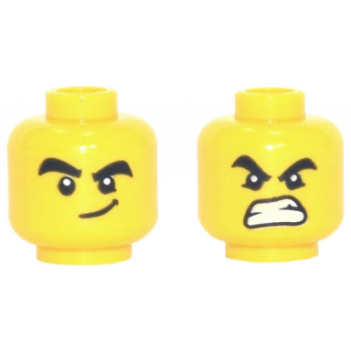 yellow minifigure head dual sided black thick eyebrows and eyes with white pupils with smirk angry with bared teeth pattern
