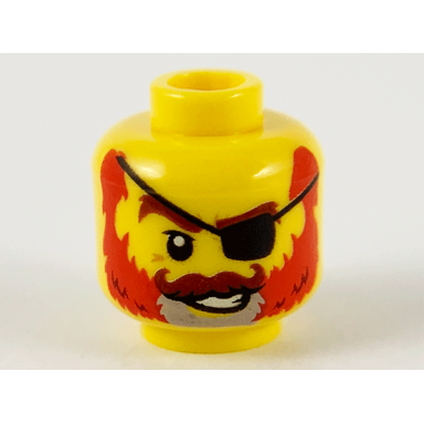 yellow minifigure head reddish brown eyebrows and moustache black eye patch gray goatee smile with white teeth and red beard pattern