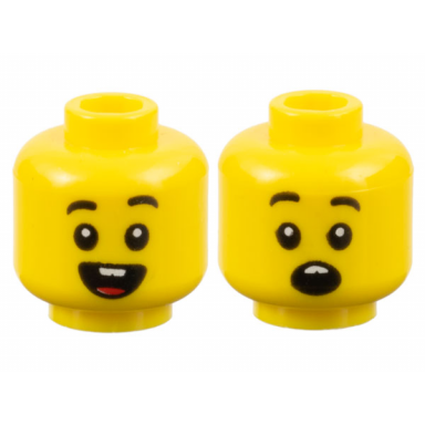 yellow minifigure head dual sided child black eyebrows open mouth smile with buck teeth and tongue surprised pattern