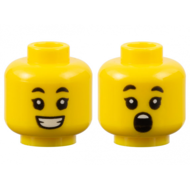 yellow minifigure head dual sided child black eyebrows single eyelashes open mouth smile with teeth surprised pattern