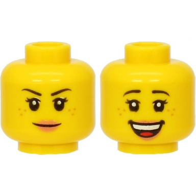 yellow minifigure head dual sided female black eyebrows freckles eyelashes nougat lips smile open mouth smile with top teeth and tongue pattern