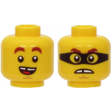 yellow minifigure head dual sided reddish brown thick eyebrows chin dimple open mouth smile with tongue angry with black mask pattern