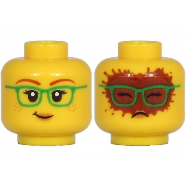 yellow minifigure head dual sided female dark red eyebrows green glasses peach lips freckles lopsided grin covered with cocoa pattern