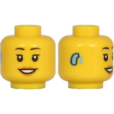 yellow minifigure head female black eyebrows thin single eyelashes hearing aid medium nougat lips open mouth smile with teeth pattern