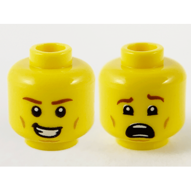 yellow minifigure head dual sided reddish brown eyebrows medium nougat cheek and chin lines smile with teeth scared pattern