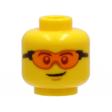 yellow minifigure head safety glasses with orange lenses and black frames chin dimple lopsided grin pattern