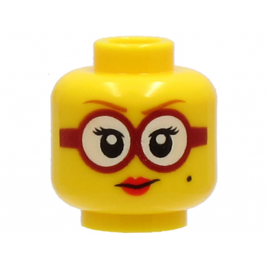 yellow minifigure head female dark orange eyebrows glasses round with white lenses and dark red frames beauty mark red lips smile pattern