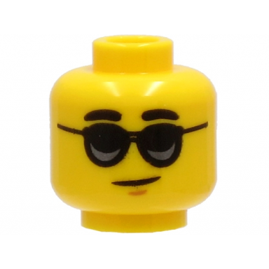 yellow minifigure head black thick eyebrows black sunglasses chin dimple lopsided grin pattern