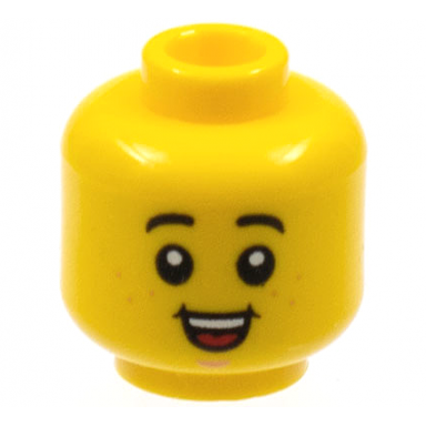 yellow minifigure head child black eyebrows nougat freckles and chin dimple open mouth smile with top teeth and red tongue pattern