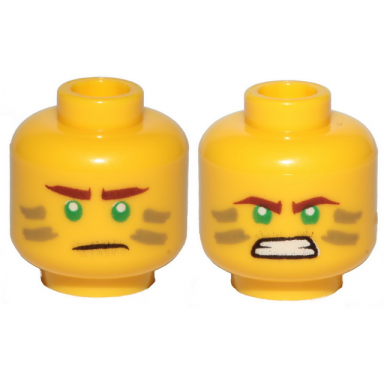 yellow minifigure head dual sided reddish brown eyebrows green eyes dark tan stripes scowl angry pattern lloyd