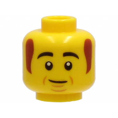 yellow minifigure head black thick eyebrows reddish brown sideburns cheek lines chin dimple lopsided grin pattern