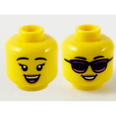 yellow minifigure head dual sided female black eyebrows peach lips open smile sunglasses with dark purple and dark pink stripes pattern