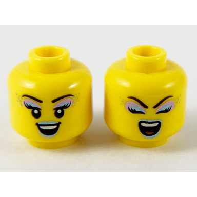 yellow minifigure head dual sided female metallic light blue and purple eye shadow and lips open smile singing eyes closed open mouth pattern