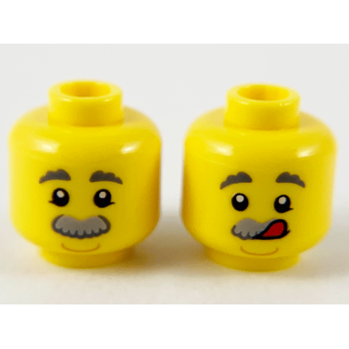 yellow minifigure head dual sided dark bluish gray eyebrows light bluish gray bushy moustache neutral licking lips pattern