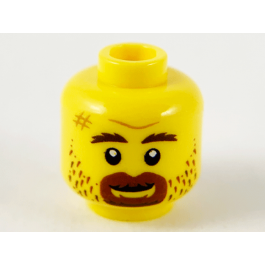 yellow minifigure head reddish brown eyebrows goatee and stubble medium nougat scuff mark furrowed brow grin patter