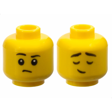 yellow minifigure head dual sided child black eyebrows right raised small frown eyes closed small lopsided grin pattern