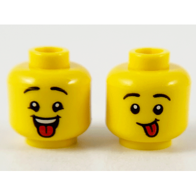 yellow minifigure head dual sided child black eyebrows open mouth with red tongue red tongue sticking out pattern