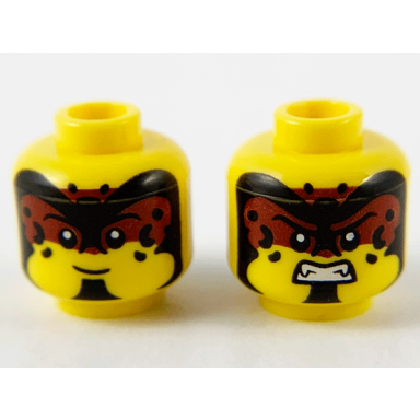 yellow minifigure head dual sided black and dark red forehead makeup black spots and chin grin fierce with fangs pattern