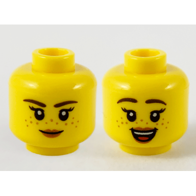 yellow minifigure head dual sided female dark brown eyebrows medium nougat freckles peach lips neutral open smile pattern