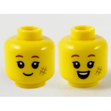 yellow minifigure head dual sided child reddish brown eyebrows dark tan scuff mark grin open mouth smile with top teeth pattern