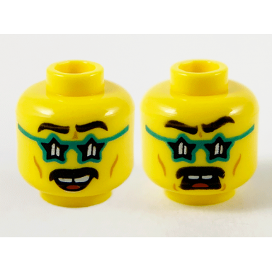 yellow minifigure head dual sided black eyebrows and moustache dark turquoise star glasses gap in teeth smile scared pattern