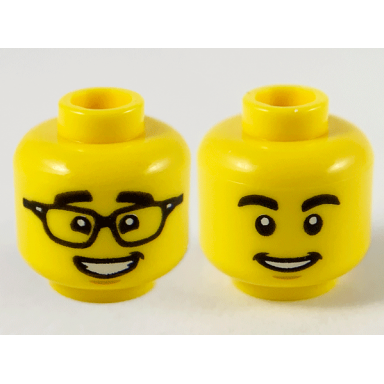 yellow minifigure head dual sided black eyebrows glasses with raised eyebrows smile pattern