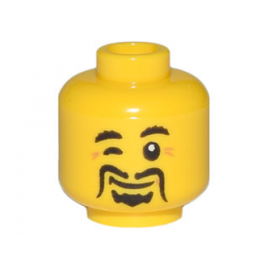 yellow minifigure head black moustache fu manchu winking eye laugh lines pattern