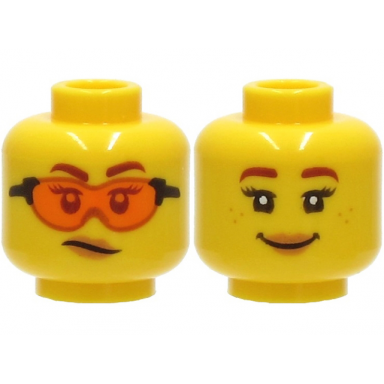 yellow minifigure head dual sided female reddish brown eyebrows orange safety glasses medium nougat lips scowl smile with freckles pattern