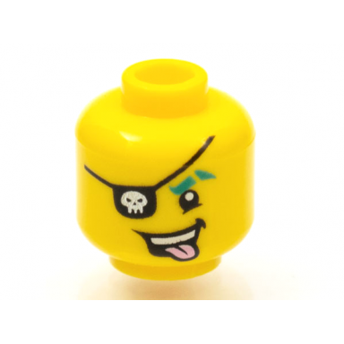 yellow minifigure head black eye patch with gold skull dark turquoise eyebrow and bright pink tongue pattern