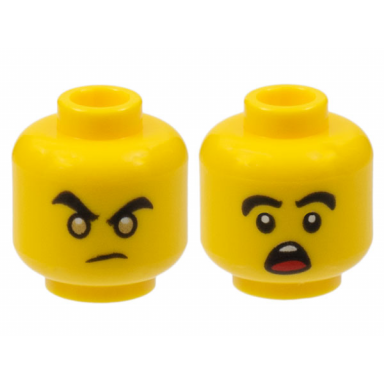 yellow minifigure head dual sided male gold eyes and determined eyebrows shocked open mouth pattern