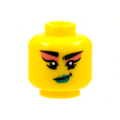 yellow minifigure head female black eyebrows coral eye shadow smirk with dark turquoise lips pattern