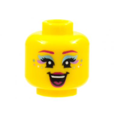 yellow minifigure head female magenta eyebrows metallic l blue and medium lavender eye shadow spots magenta lips singing open mouth pattern