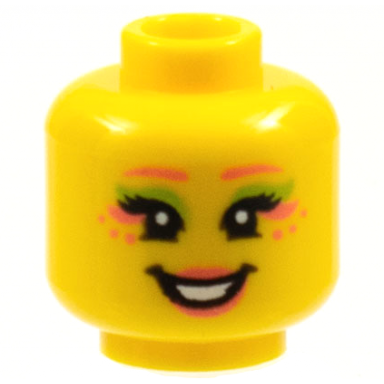 yellow minifigure head female coral eyebrows dots and lips black eyelashes lower eyelids lime eye shadow open mouth smile with teeth pattern