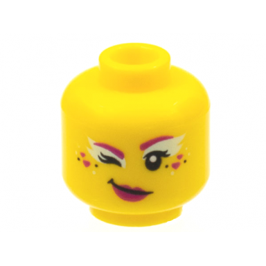 yellow minifigure head female magenta eyebrows hearts and lips light aqua eye shadow right winking pattern