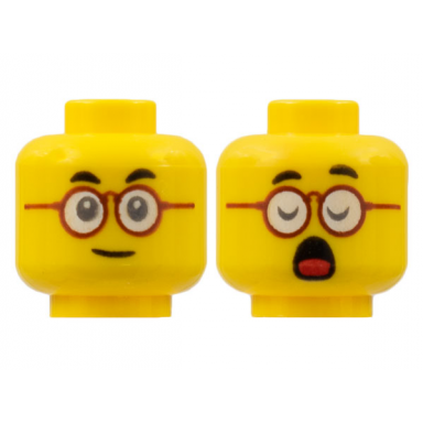 yellow minifigure head dual sided black eyebrows dark red round glasses neutral closed eyes and open mouth with red tongue pattern