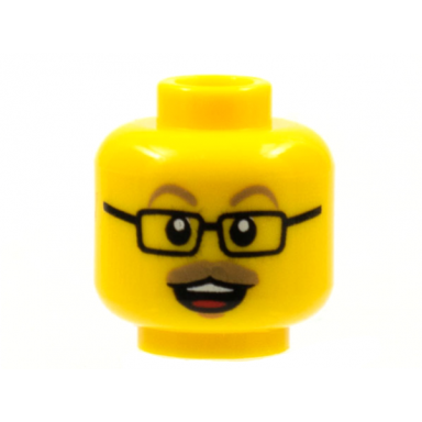 yellow minifigure head dark tan eyebrows and moustache black glasses open mouth with teeth and tongue pattern