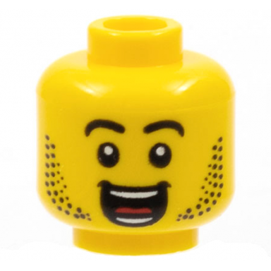 yellow minifigure head black eyebrows beard open mouth grin white teeth red tongue pattern