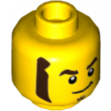 yellow minifigure head thick dark brown eyebrows mutton chops and soul patch lopsided grin pattern