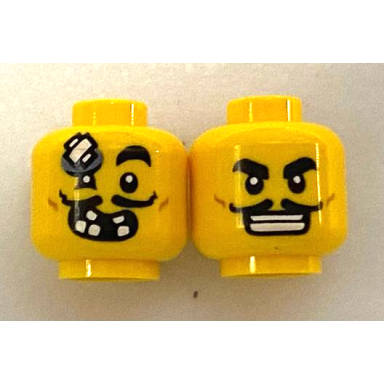 yellow minifigure head dual sided black eyebrows moustache open mouth grin white teeth bandage on forehead pattern