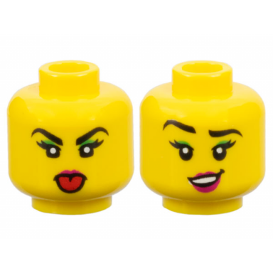 yellow minifigure head female black eyebrows and eyelashes bright green eye shadow magenta lips angry with red tongue sticking out lopsided open mouth smile with top teeth pattern