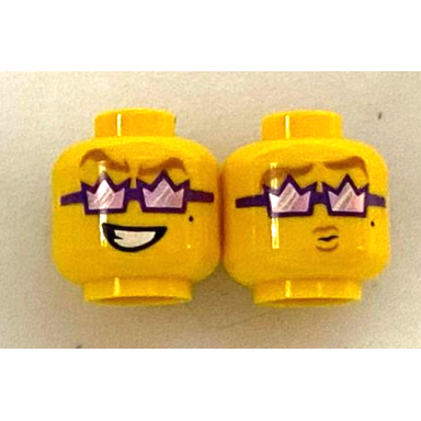 yellow minifigure head dual sided gold eyebrows dark purple crown sunglasses open mouth grin puckered lips pattern