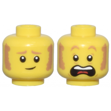 yellow minifigure head dual sided medium nougat eyebrows and sideburns worried lopsided grin scared open mouth with top teeth and red tongue pattern