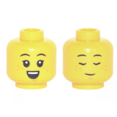 yellow minifigure head dual sided child black eyebrows nougat freckles and chin dimple small open mouth smile with top teeth sleeping pattern