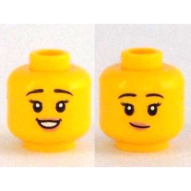 yellow minifigure head dual sided female black eyebrows eyelashes nougat lips open mouth smile with teeth lopsided grin pattern