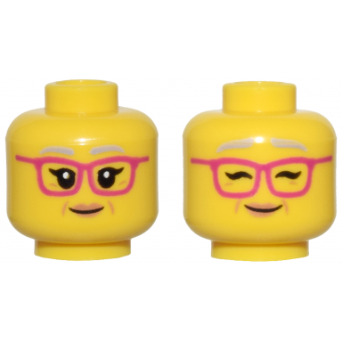 yellow minifigure head dual sided female light bluish gray eyebrows black eyelashes magenta glasses nougat lips and dimples grin open eyes closed eyes pattern