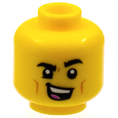yellow minifigure head black eyebrows left raised medium nougat cheek lines singing open mouth dark pink tongue pattern